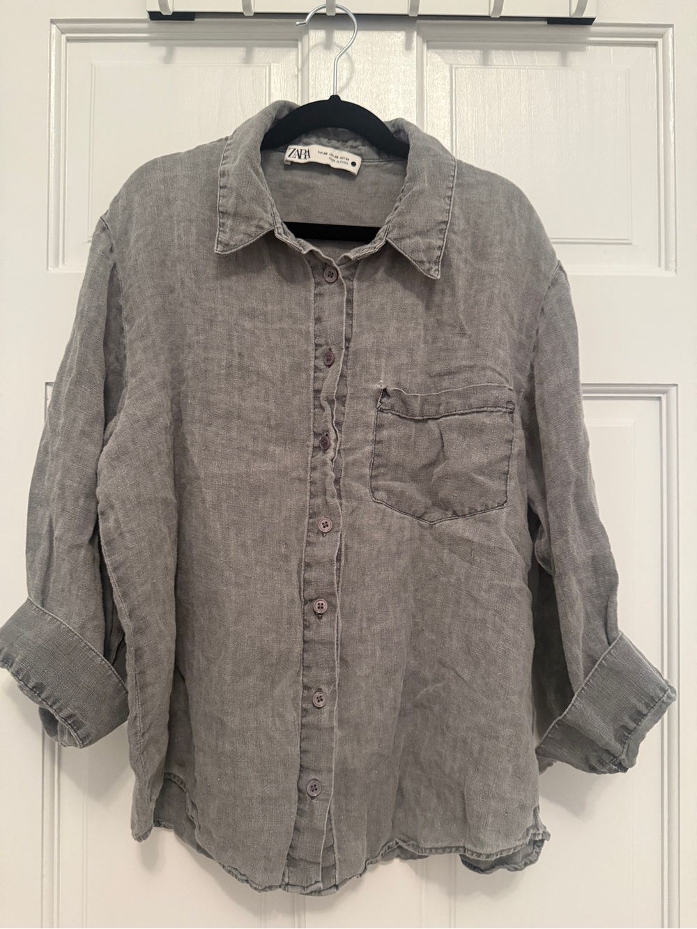 Zara Washed Gray Linen Casual Button-Down Shirt